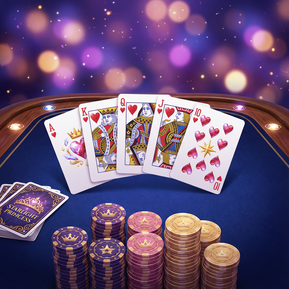 Mesa de pôquer com royal flush de copas e fichas coloridas em ambiente mágico